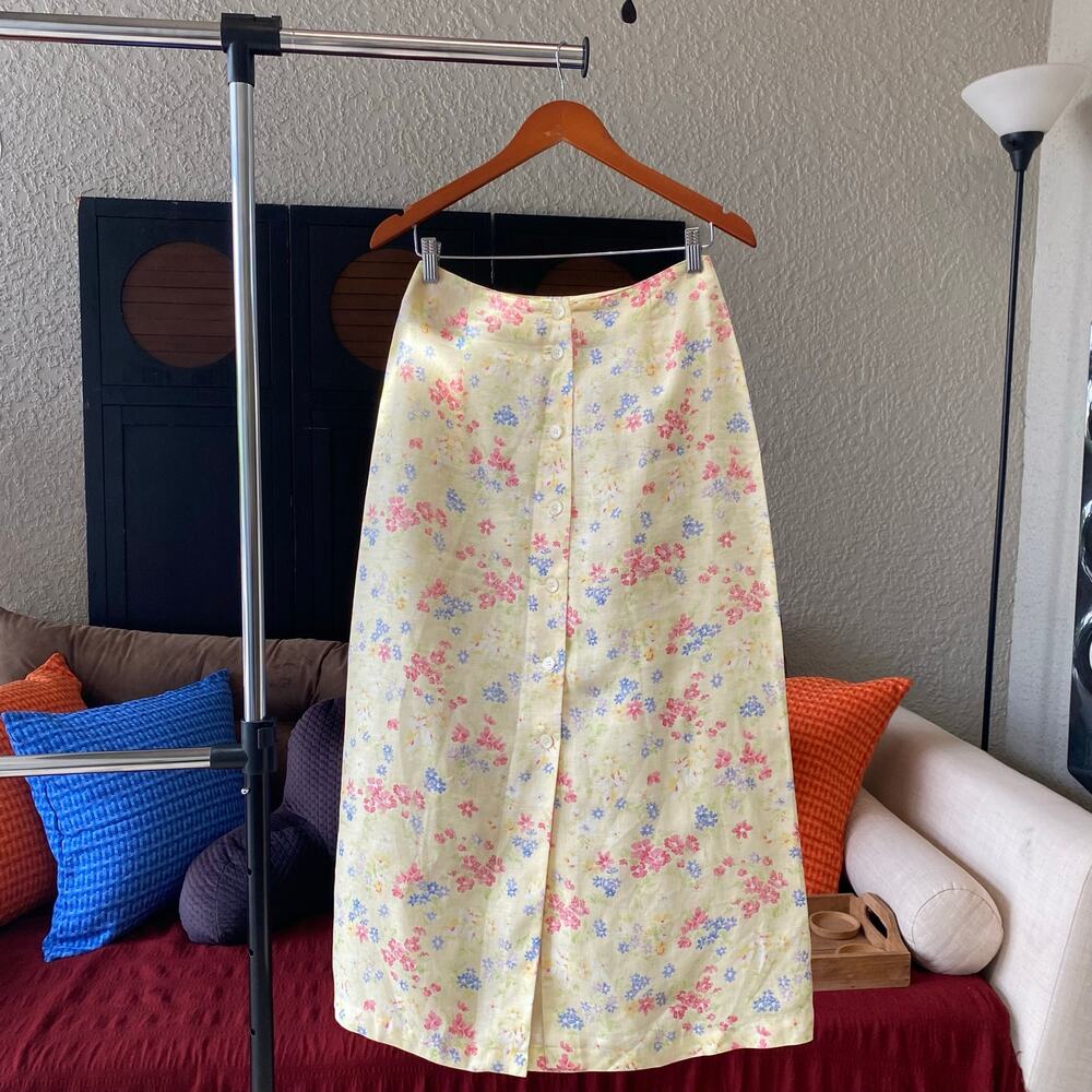 VTG Liz Claiborne Linen Midi Skirt Button Front Floral Sz 8 Petite Pastel Floral